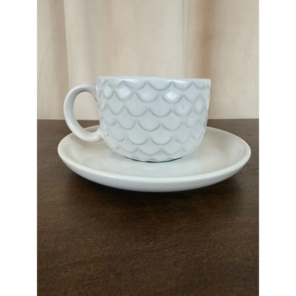 West‎ Elm PAIR (2) White Embossed Ceramic Owl Mugs and Saucers RARE